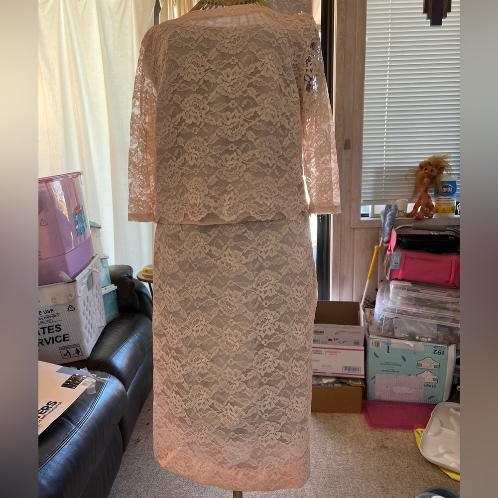This is a vintage pink lace over satin two piece outfit from Sears and Robux